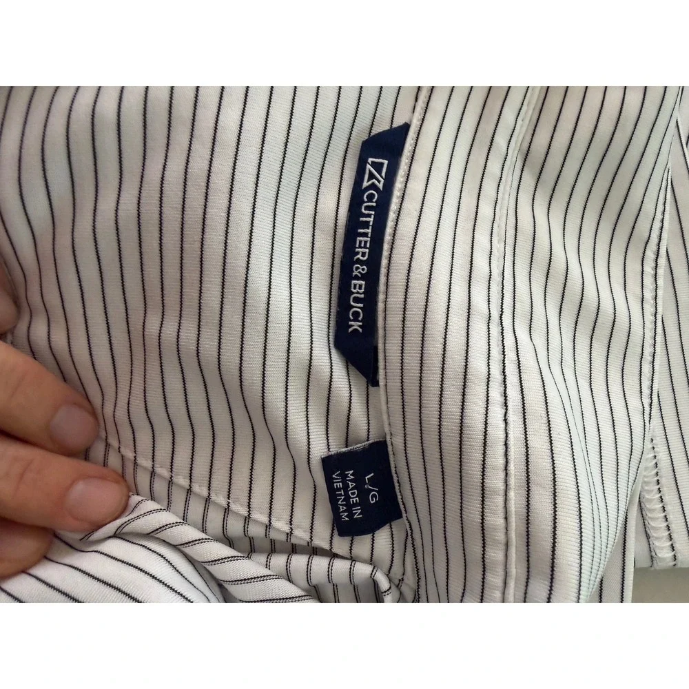 Cutter & Buck Mens Large White Navy Striped Short Sleeve Golf Polo Shirt Stretch